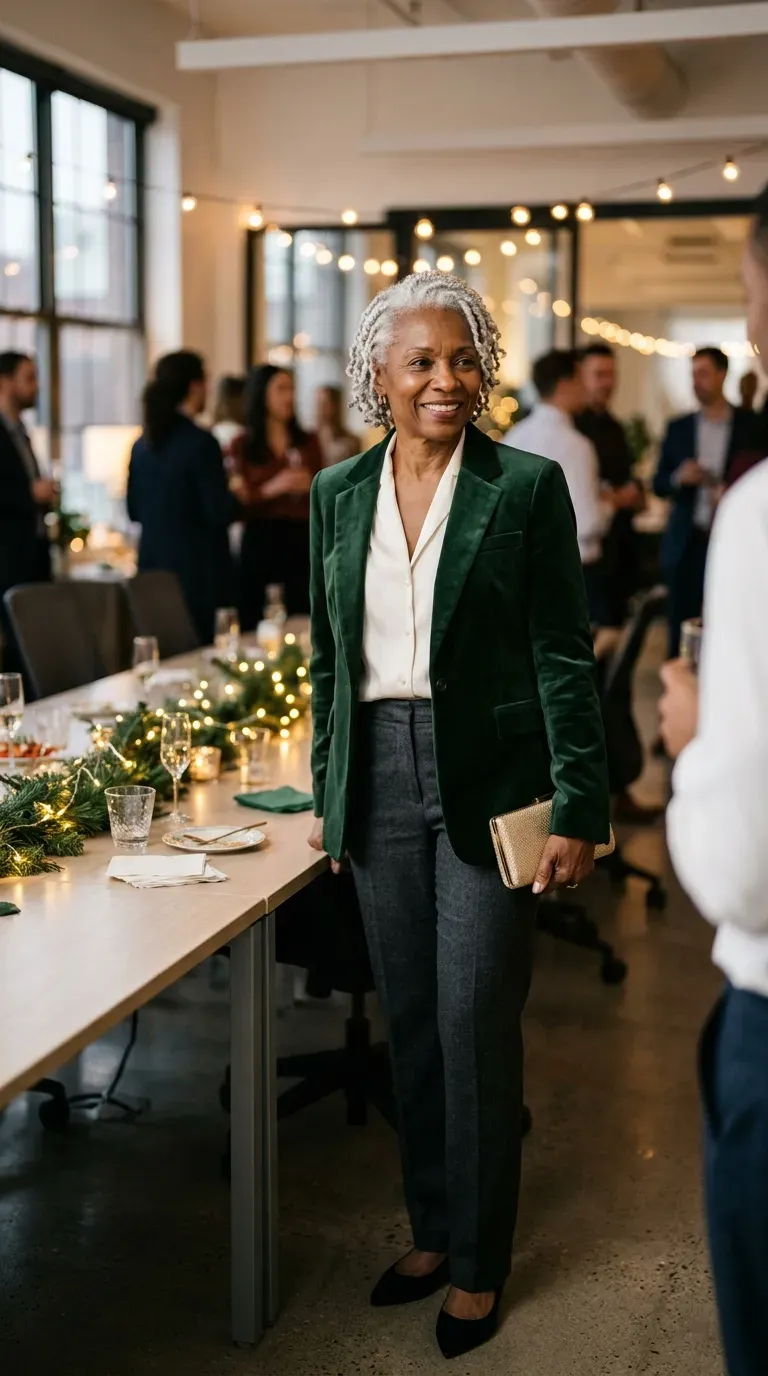 Woman over 50 in gray flannel trousers, ivory blouse and green velvet blazer at an office party