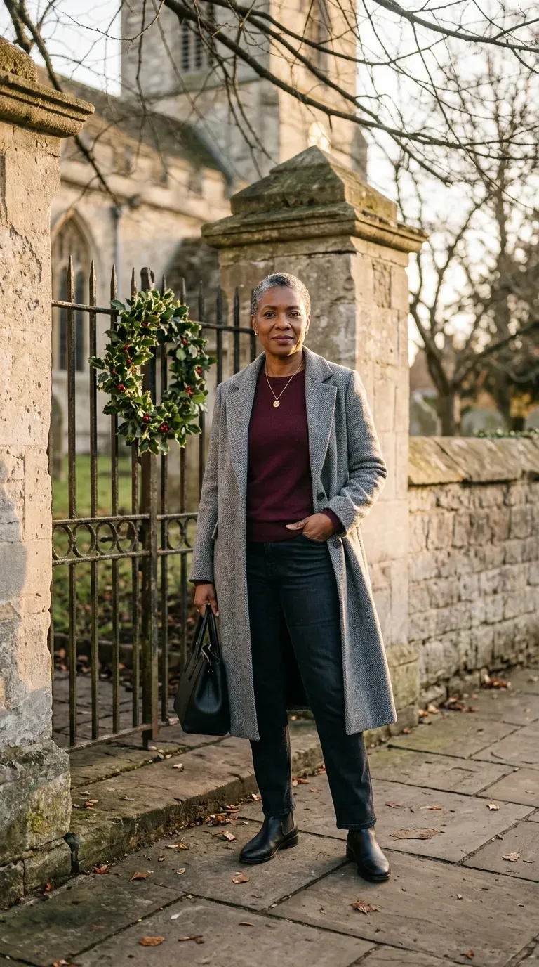 Woman over 50 in gray herringbone coat, burgundy sweater and dark jeans near a church gate