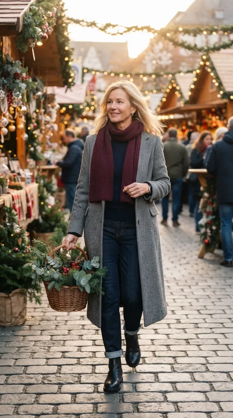 Woman over 50 in gray herringbone coat, navy knit and dark jeans at a farmers market