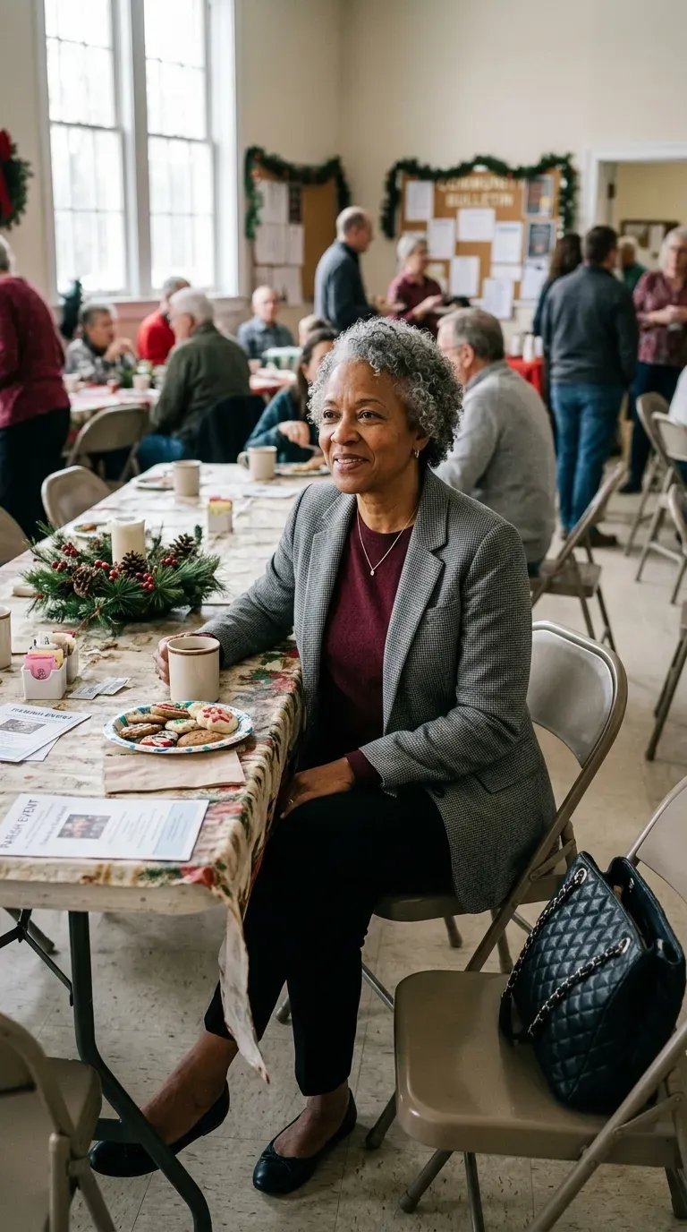 Black woman in gray houndstooth blazer, burgundy knit and black trousers at a church fellowship table