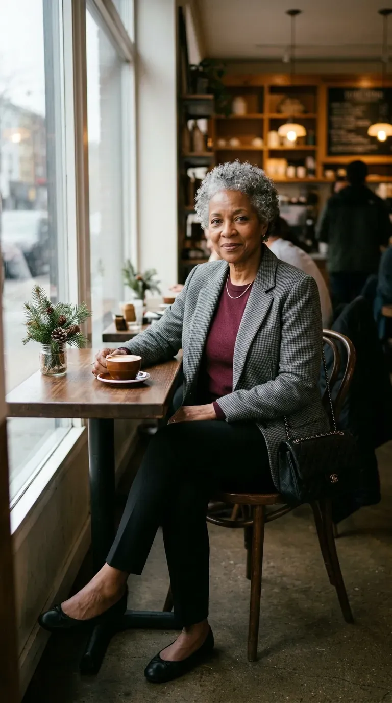 Black woman in a gray houndstooth blazer, burgundy knit and black trousers at a cafe window
