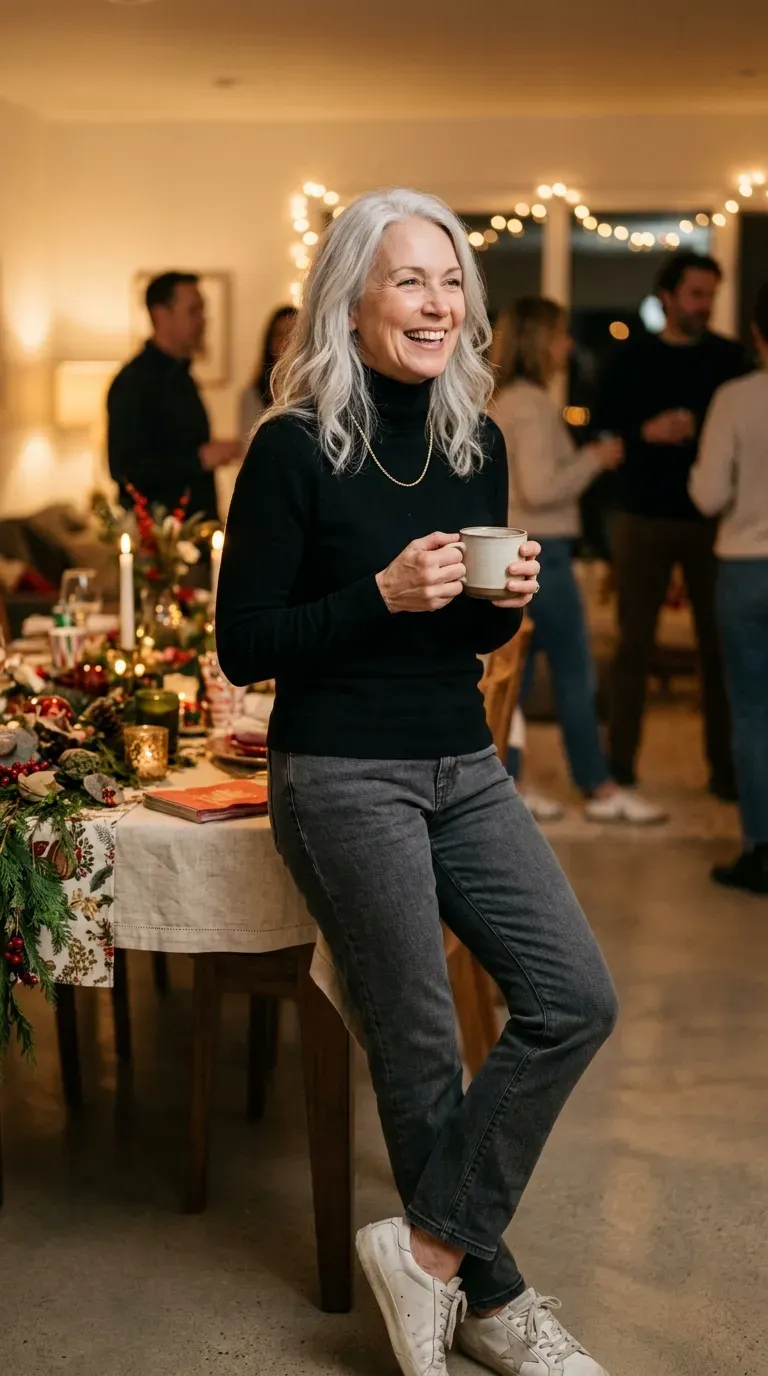 Woman over 50 in gray jeans, black turtleneck and white sneakers at a casual party