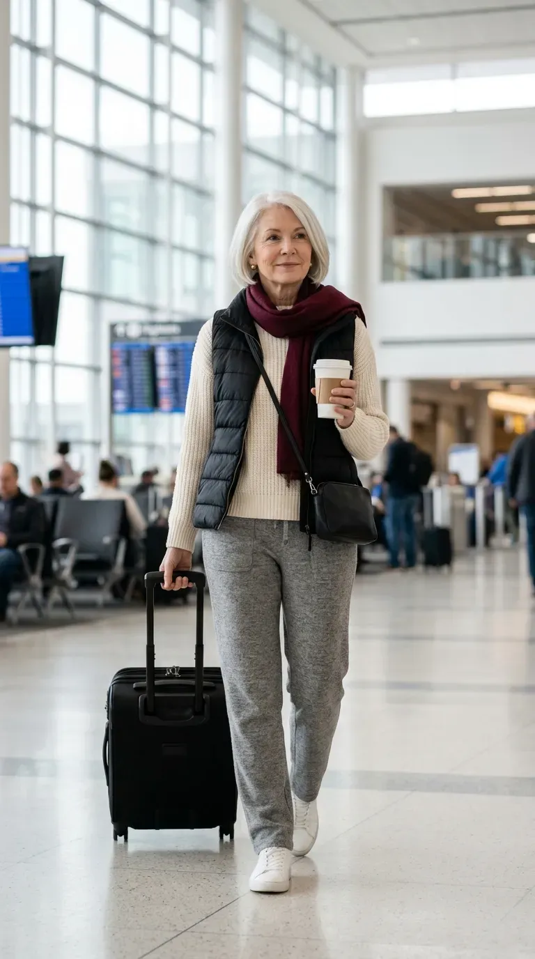 Woman over 50 in gray knit joggers, cream sweater and puffer vest at an airport