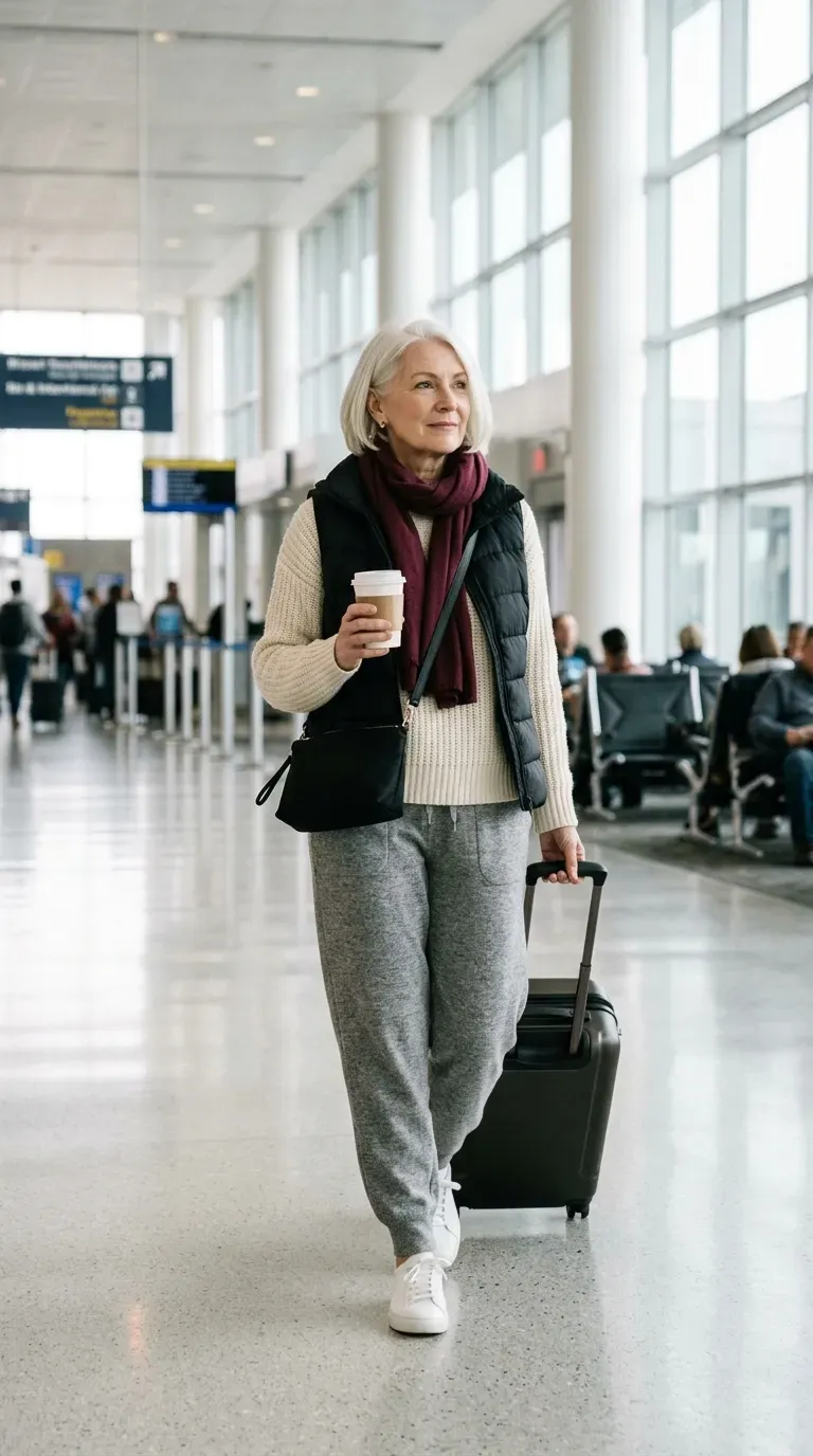 Woman over 50 in gray knit joggers, cream sweater and puffer vest at an airport