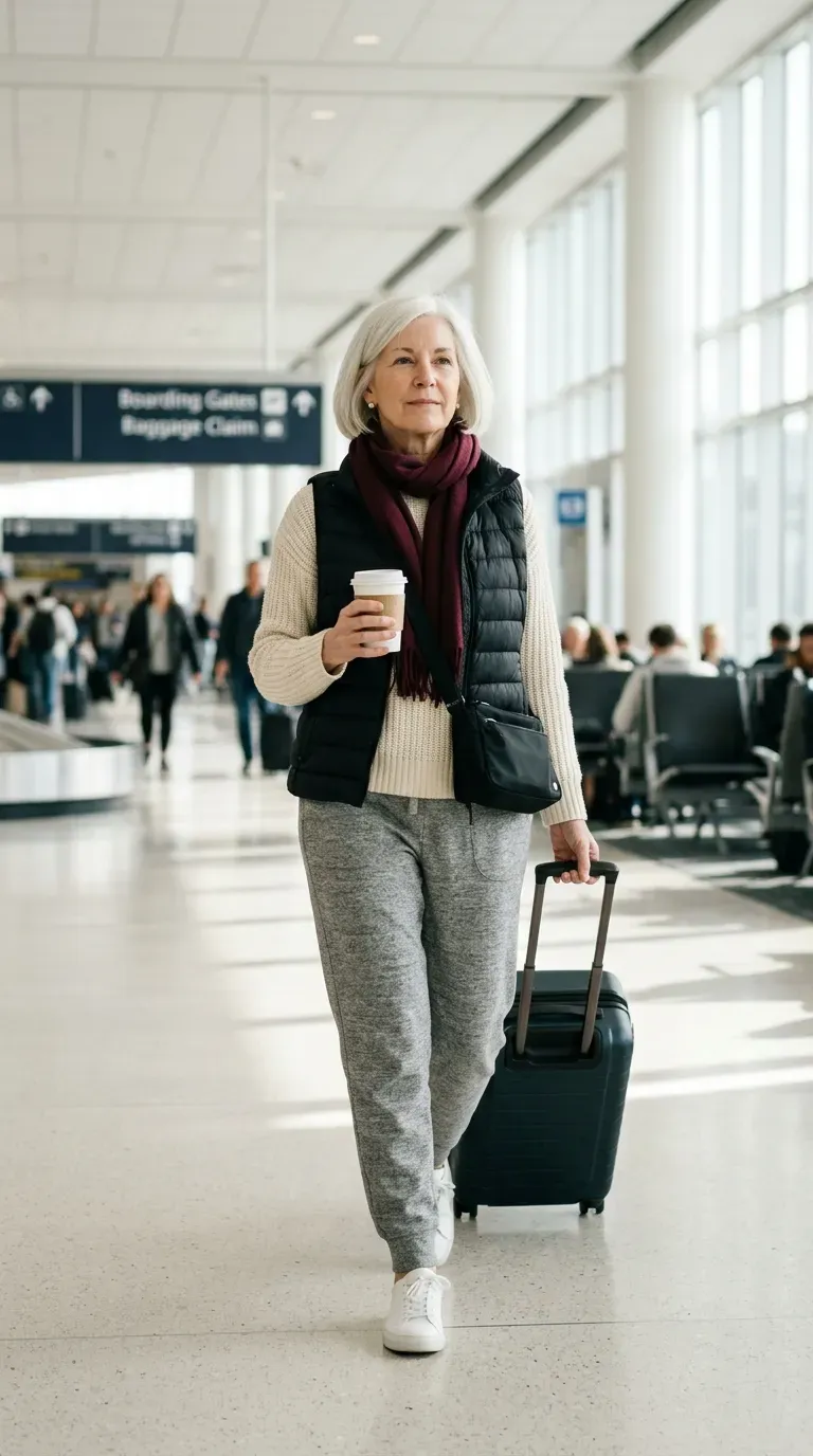 Woman over 50 in gray knit joggers, cream sweater and puffer vest at an airport