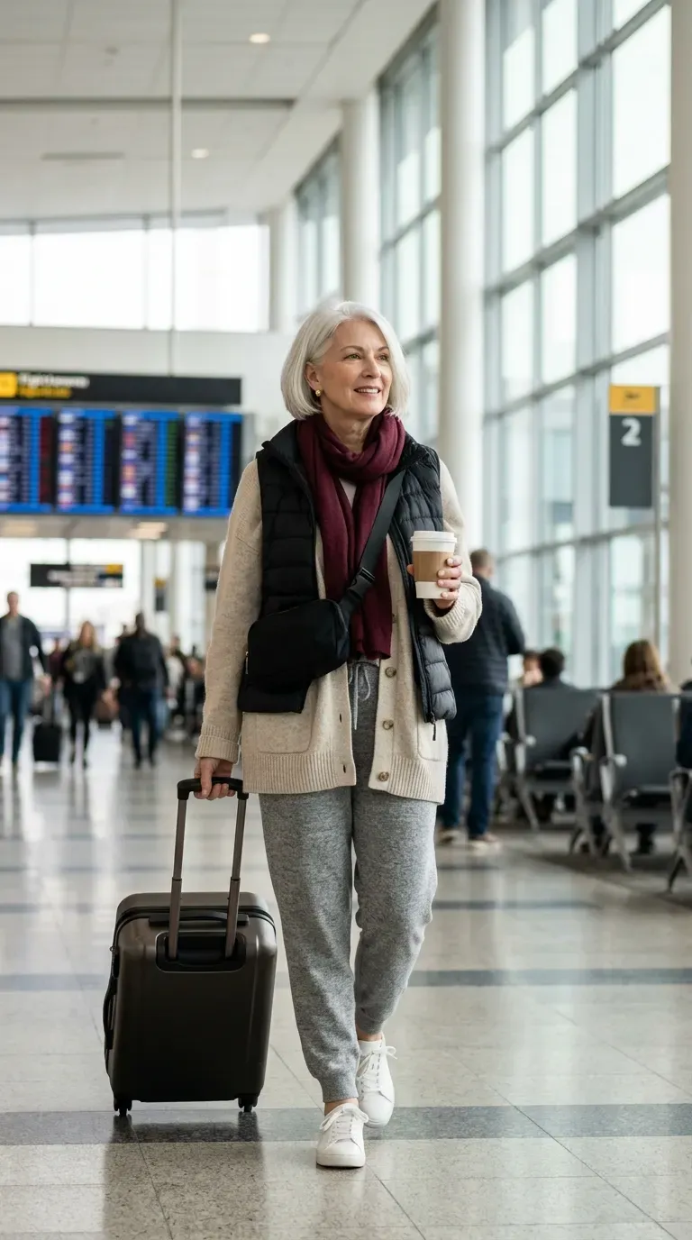 Woman over 50 in gray knit joggers, oatmeal cardigan and puffer vest at an airport