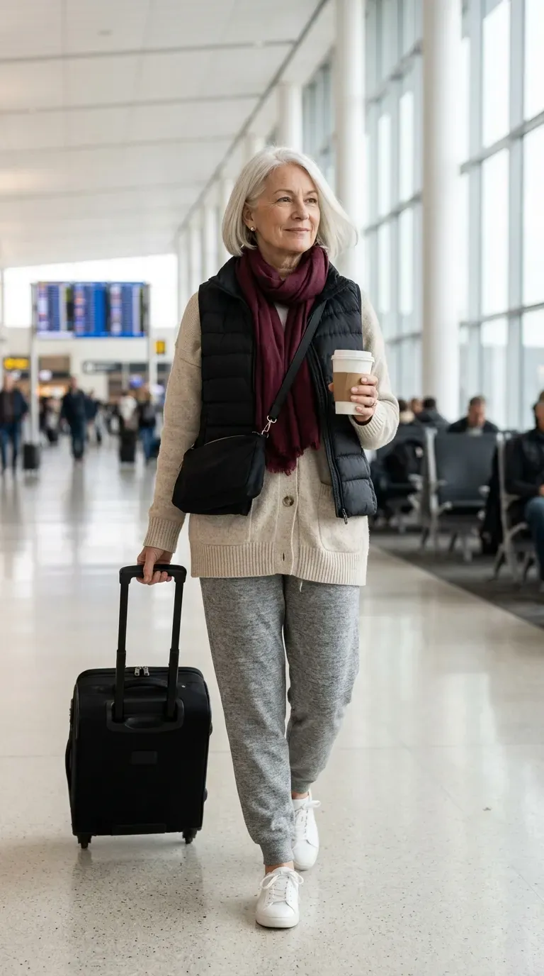 Woman over 50 in gray knit joggers, oatmeal cardigan and sneakers at an airport