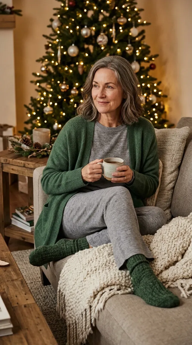 Woman over 50 in gray knit lounge set, forest green cardigan and thick socks for a movie night