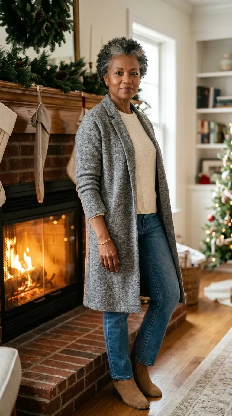 Woman over 50 in gray long cardigan coat, cream sweater and straight jeans by a fireplace