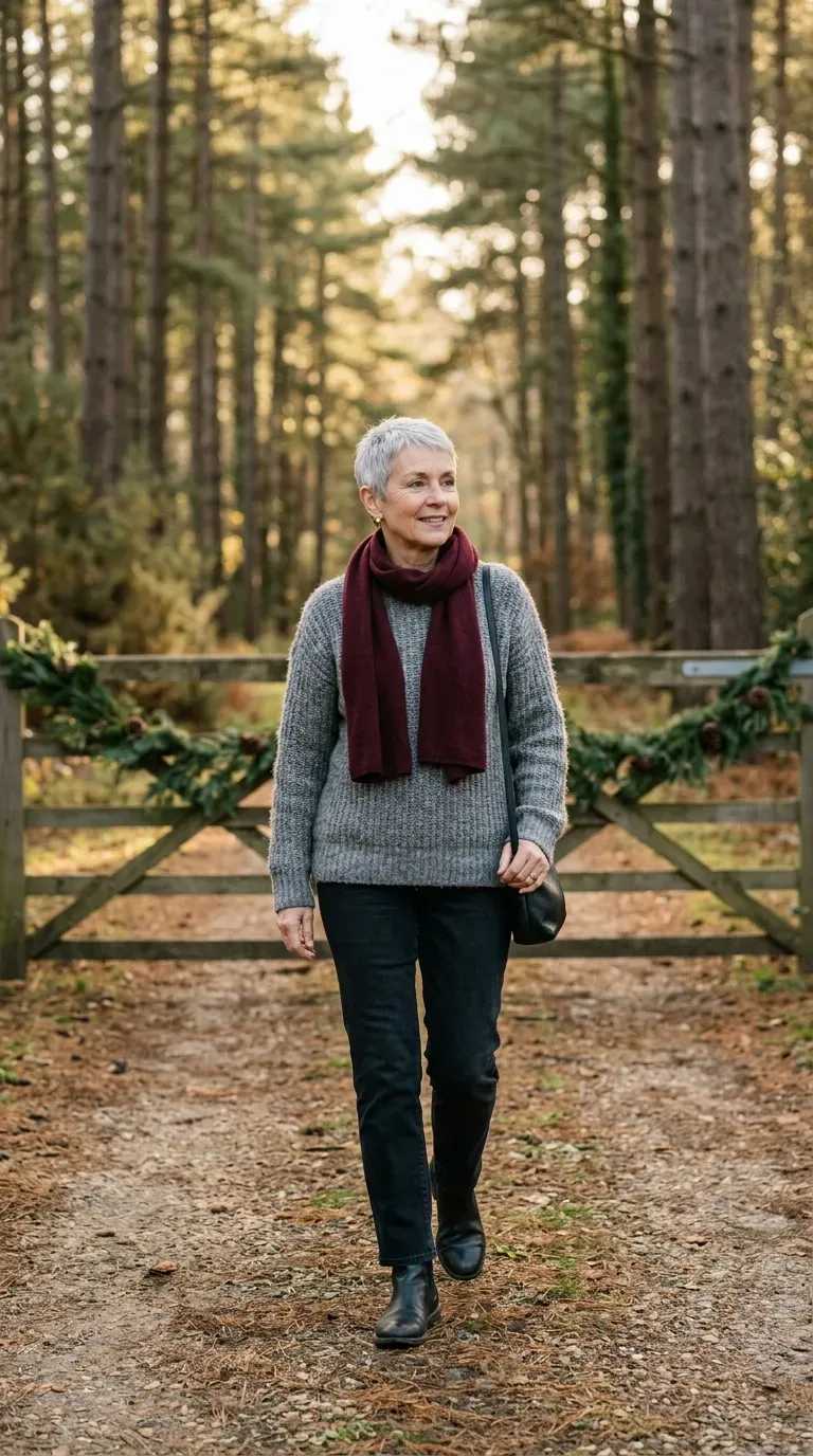 Woman over 50 in gray sweater, straight jeans and Chelsea boots