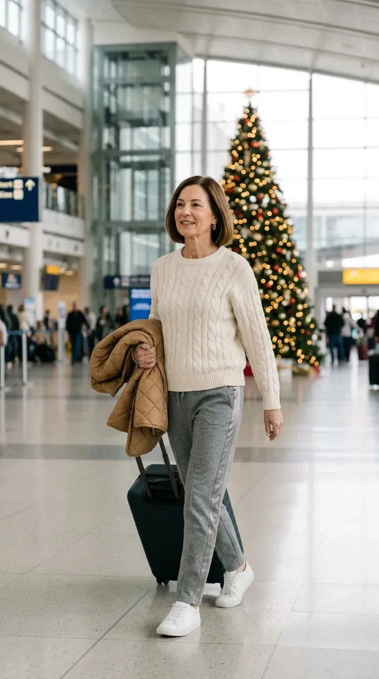Woman over 50 in gray track pants and cream cable knit at a bright airport