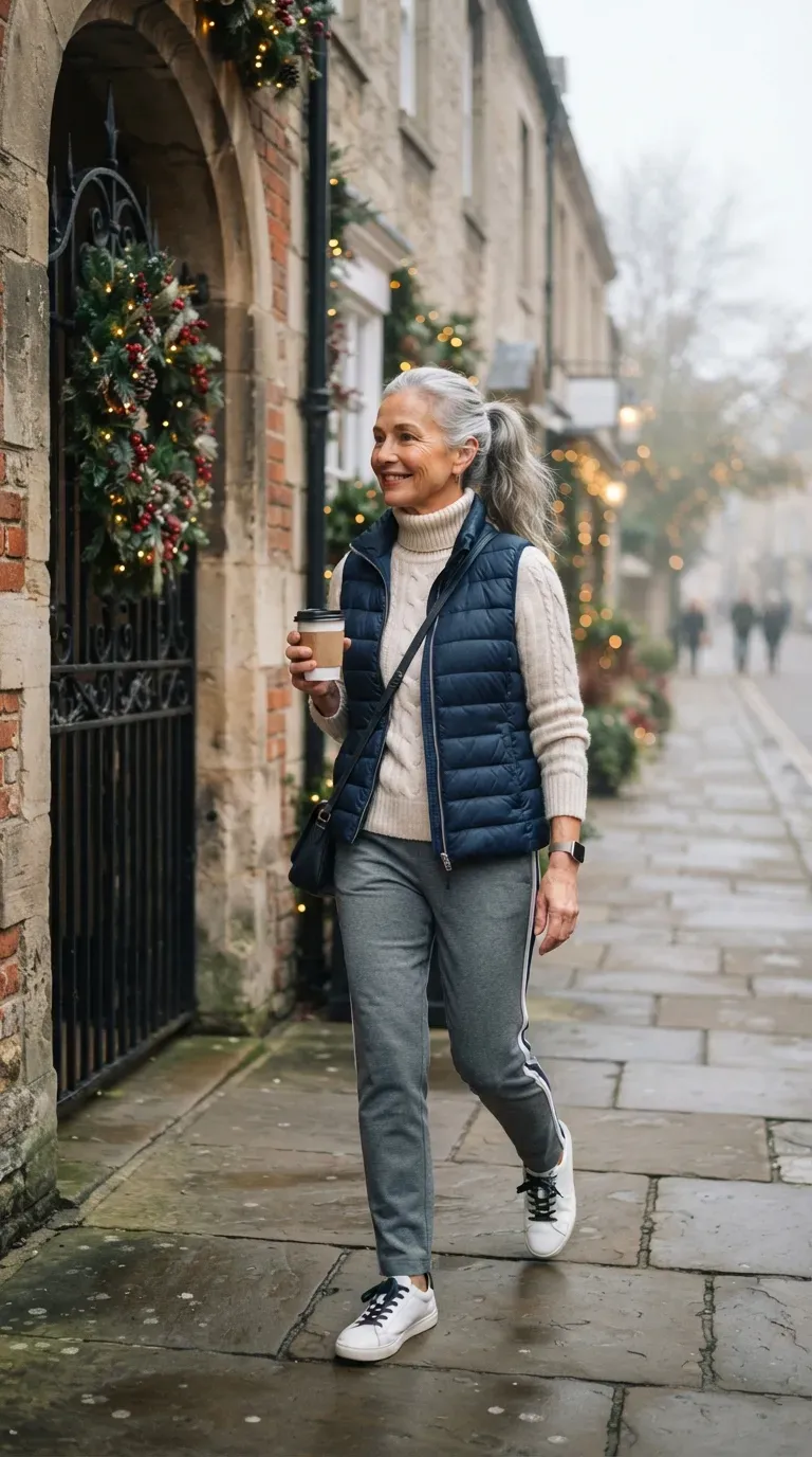 Woman over 50 in gray track pants, cream cable knit and white sneakers walking with coffee on a Christmas morning