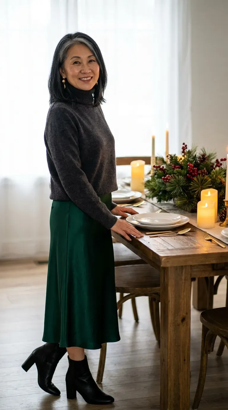Asian woman in a gray turtleneck and emerald satin midi skirt at a holiday dinner