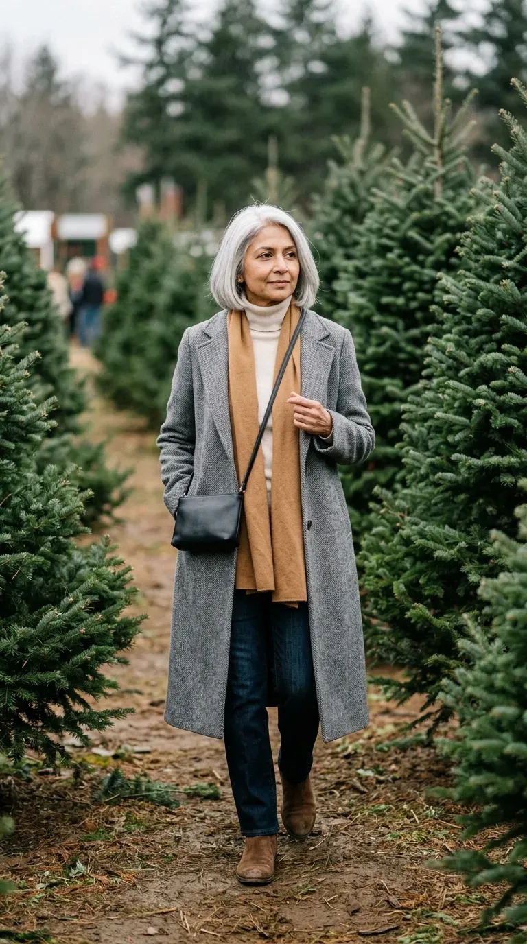 Woman over 50 in gray wool coat, cream turtleneck and dark jeans at a Christmas tree farm