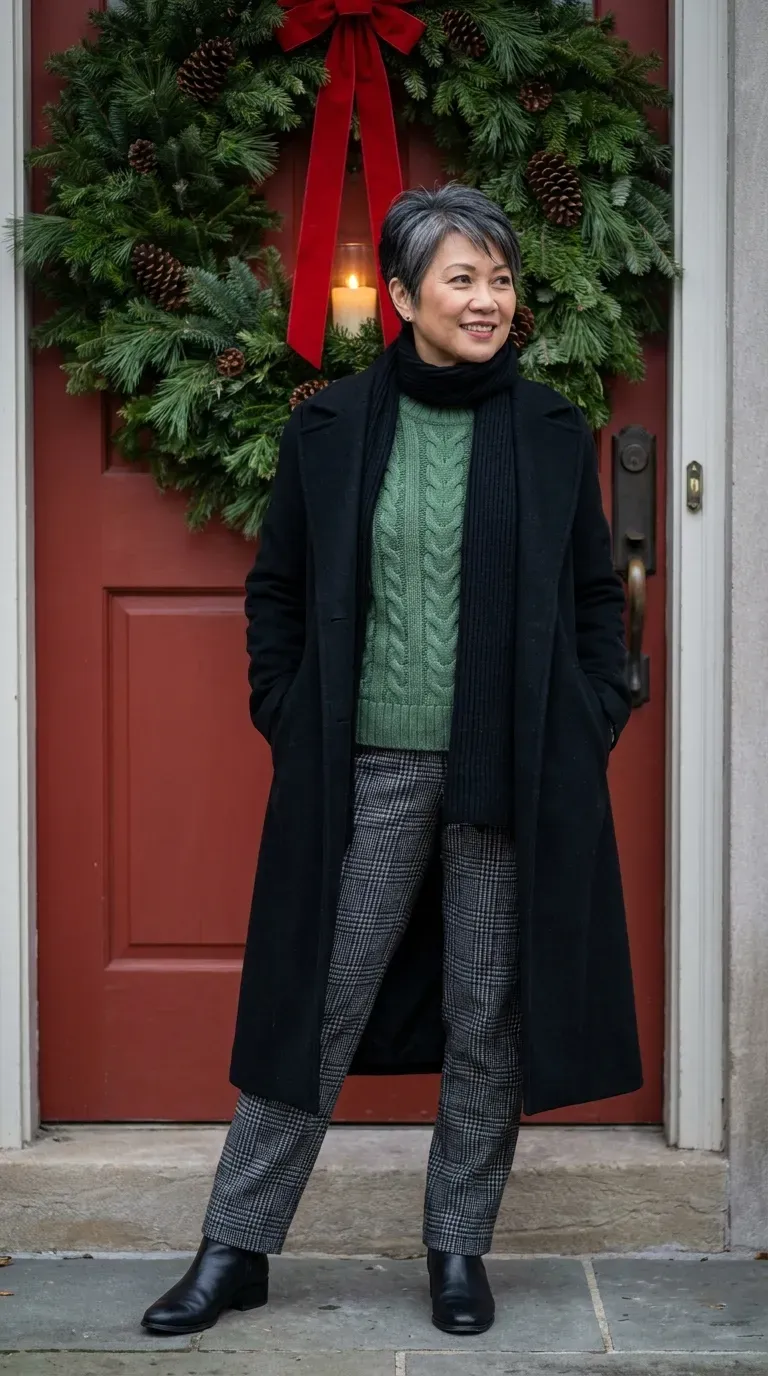 Woman in green cable sweater, black coat and plaid wool pants by a wreath-covered door