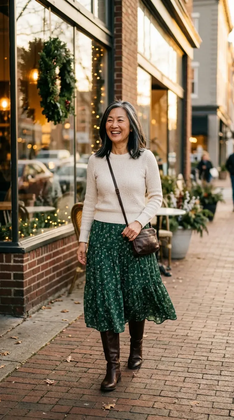 Woman over 50 in green floral tiered midi skirt and cream sweater near a decorated cafe