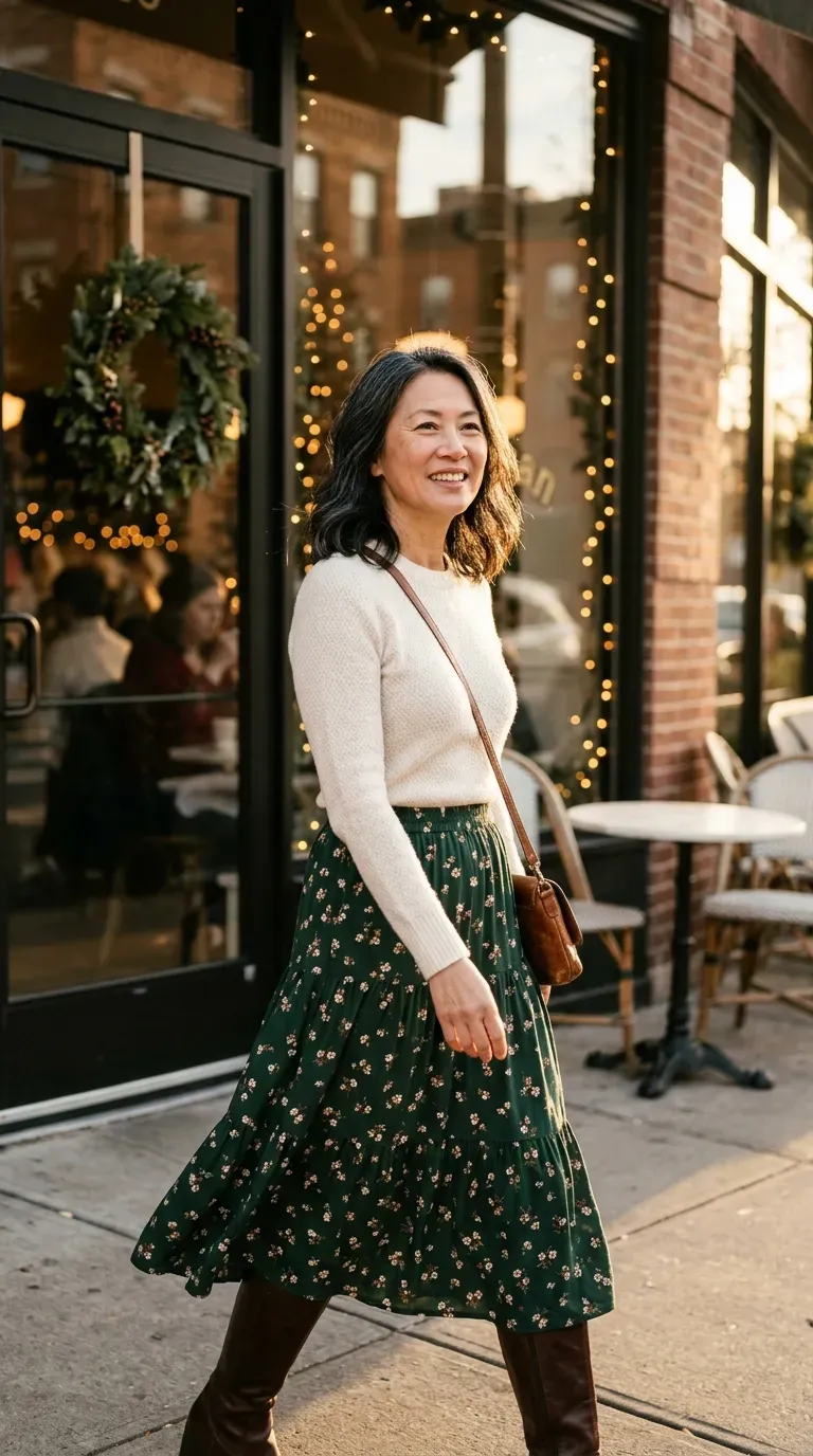 Woman over 50 in green floral tiered midi skirt and cream sweater near a decorated cafe