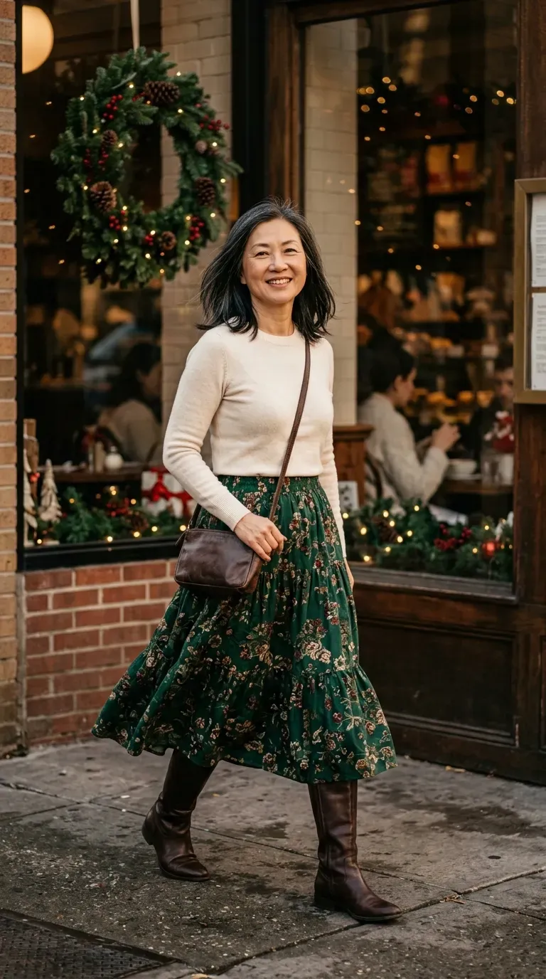 Woman over 50 in green floral tiered midi skirt and cream sweater near a decorated cafe
