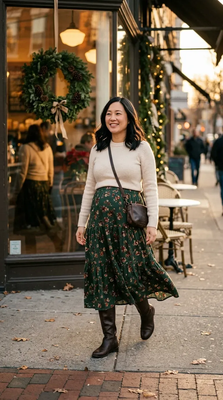 Pregnant woman in green floral tiered midi skirt and cream sweater near a decorated cafe