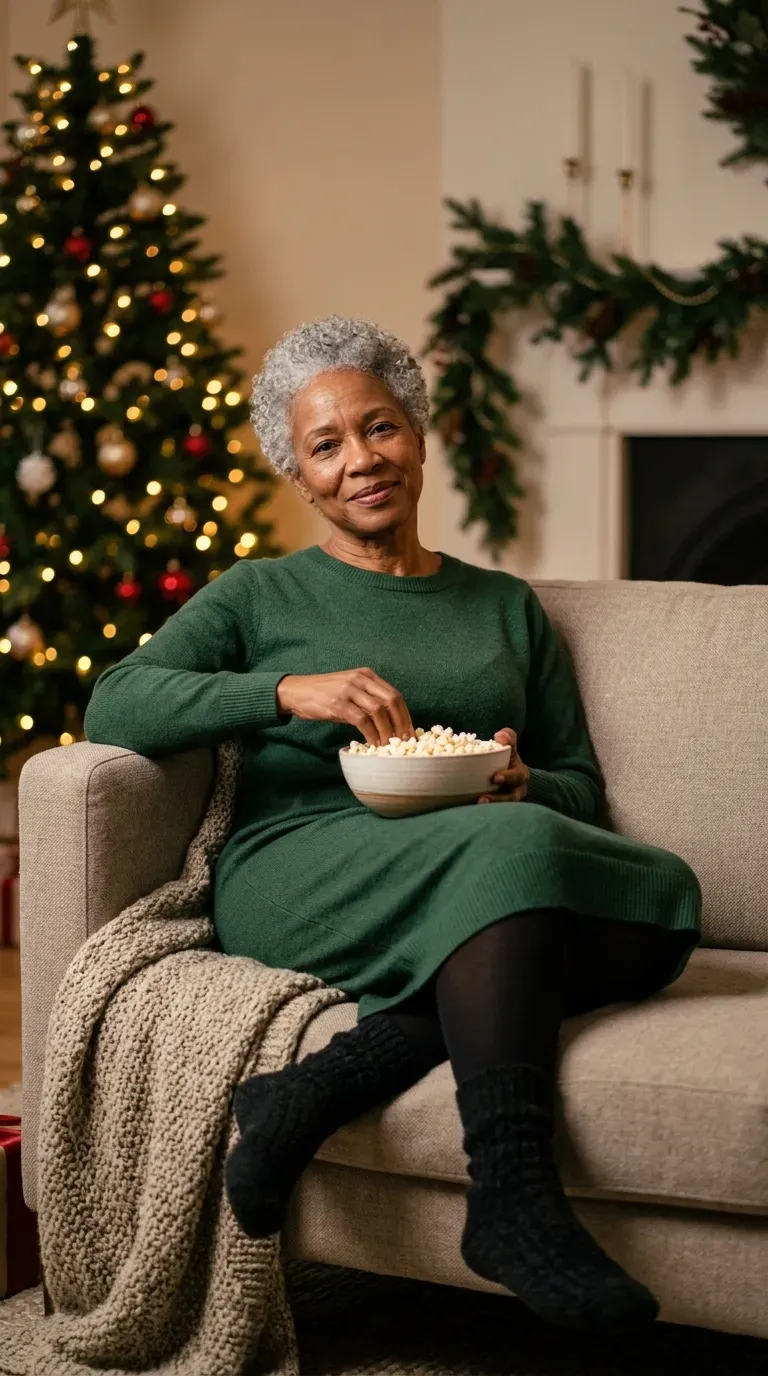 Woman over 50 in green knit sweater dress, black tights and warm socks for a Christmas movie night
