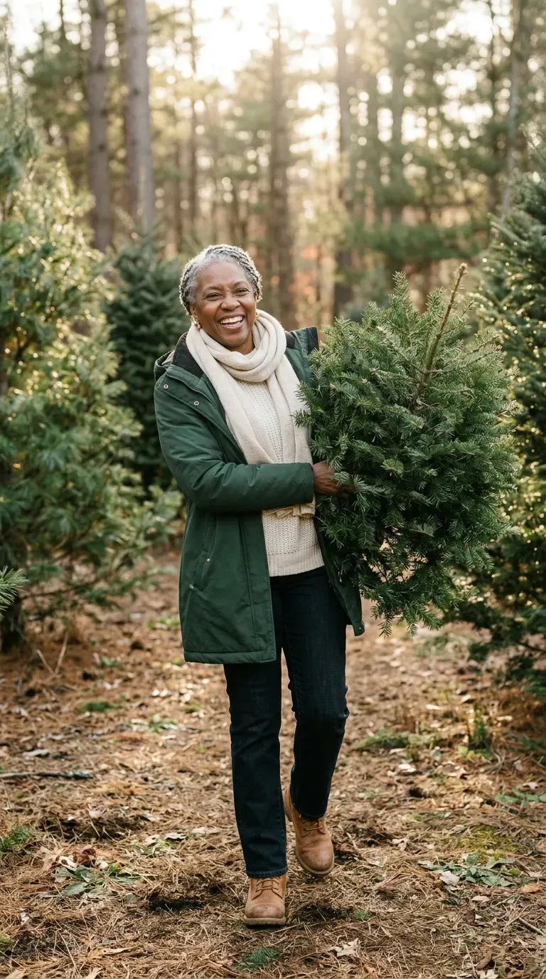 Woman over 50 in green parka, cream knit and tan boots at a Christmas tree farm