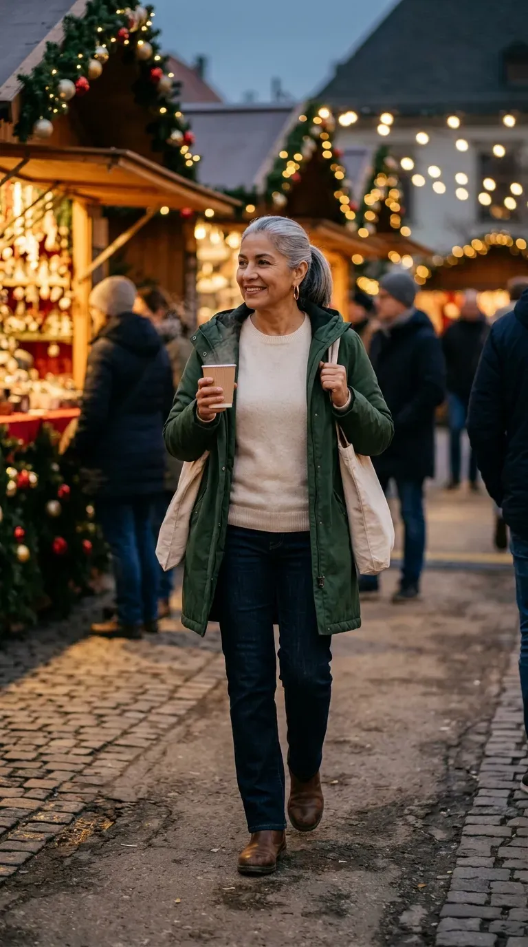 Woman over 50 in green parka, cream knit and waterproof ankle boots at a Christmas market