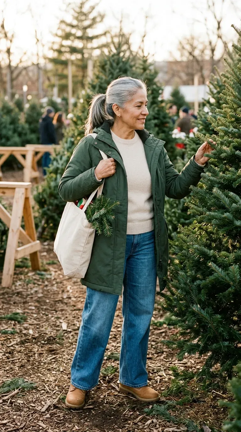 Woman over 50 in green parka, cream knit and wide-leg jeans at a Christmas tree lot