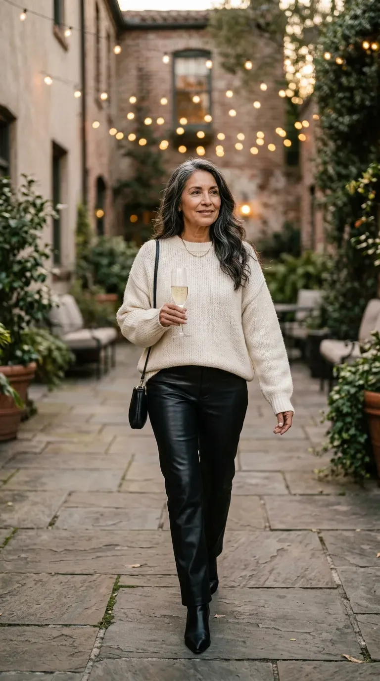 Asian woman in an emerald satin midi skirt and camel sweater at a holiday dinner