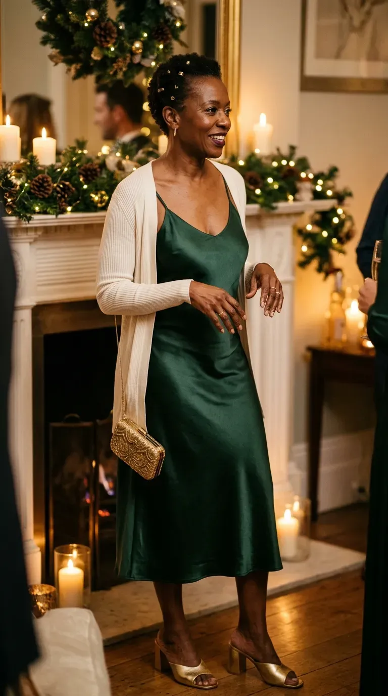 Woman over 50 in green satin slip dress and cream cardigan at a Christmas evening party