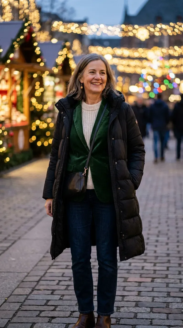 Woman over 50 in green velvet blazer, chunky knit and long puffer at a Christmas lights display