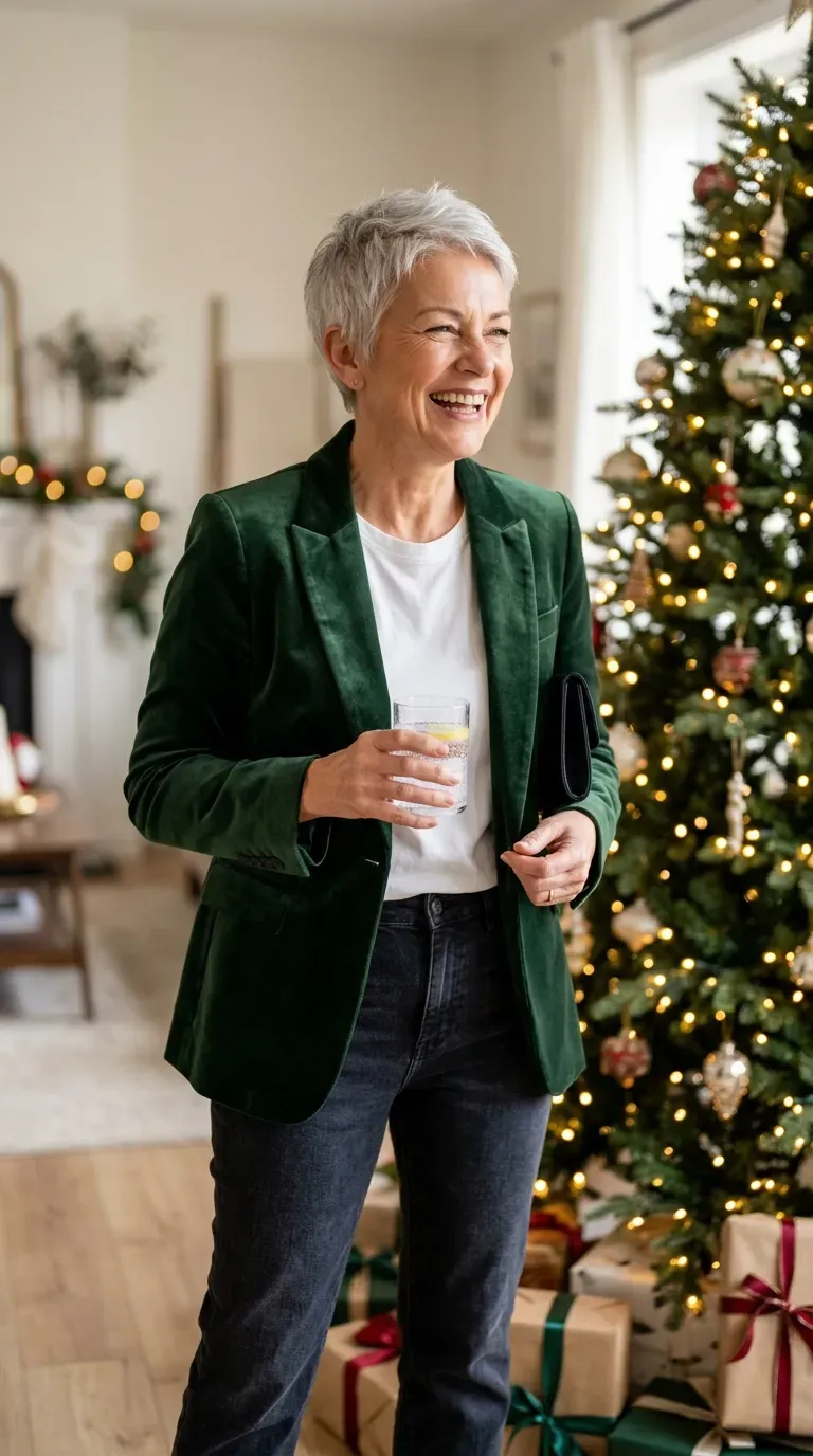 Woman over 50 in green velvet blazer, white tee and jeans at a Christmas gathering