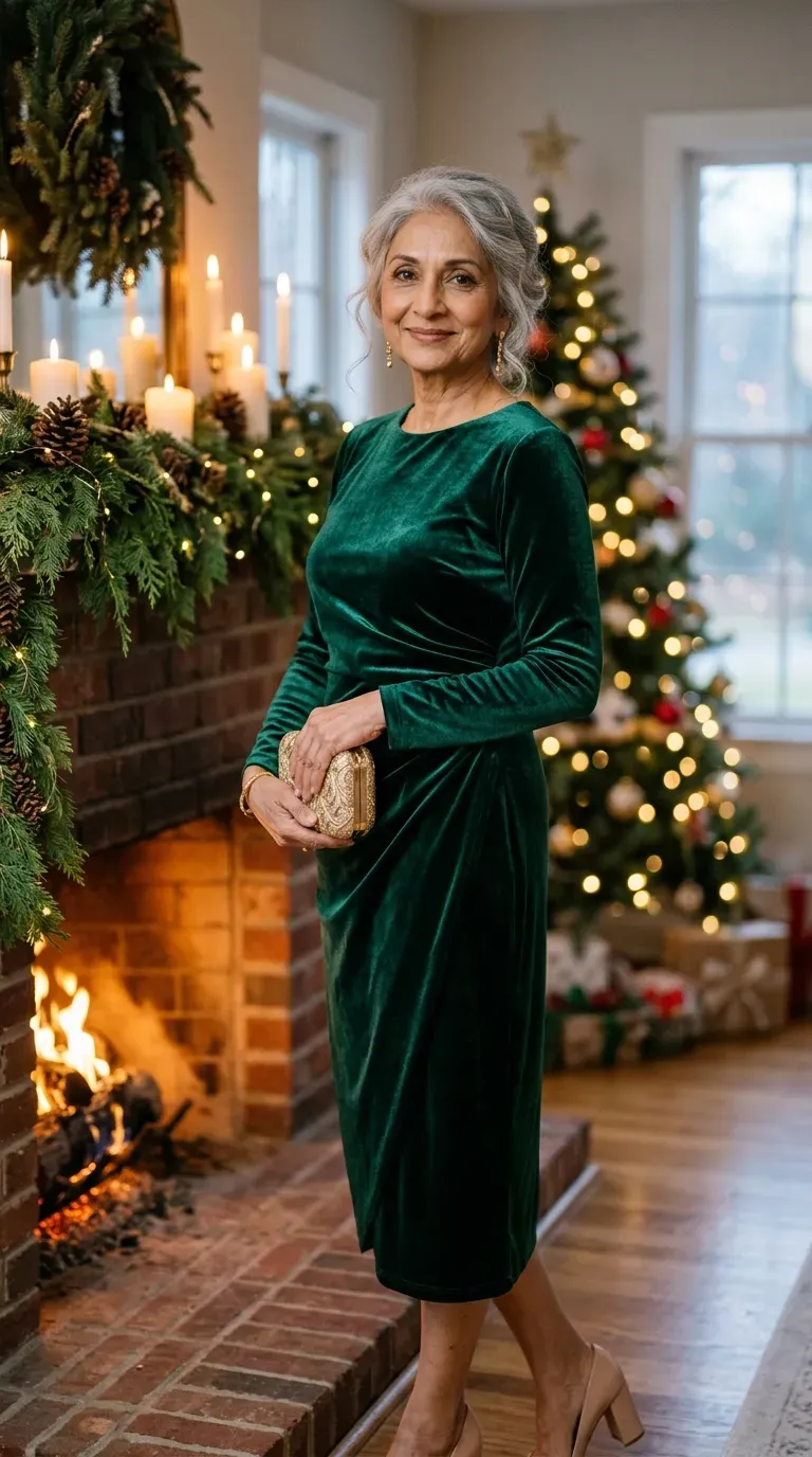 Woman over 50 in green velvet dress and nude pumps for a Christmas card photo
