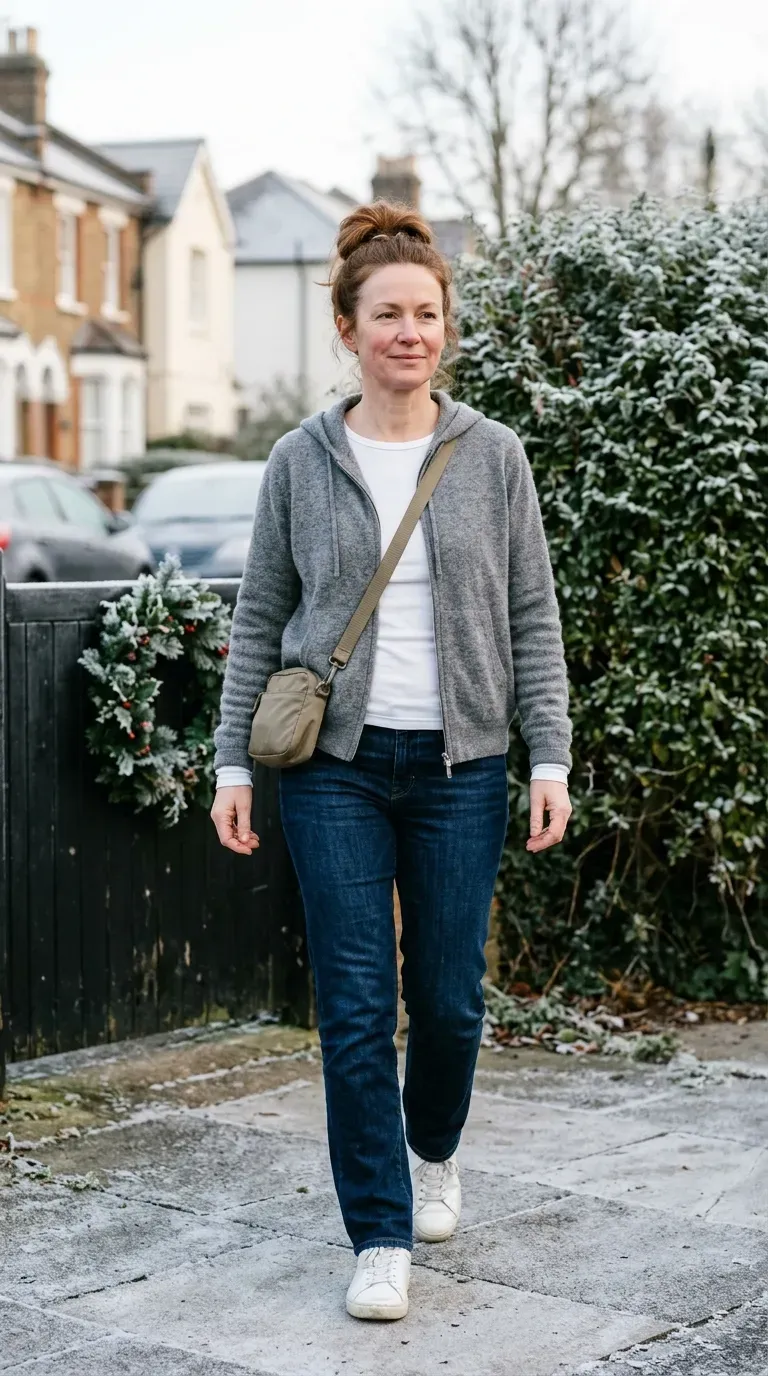 Woman over 40 in grey cashmere hoodie and dark denim on a casual Christmas morning walk