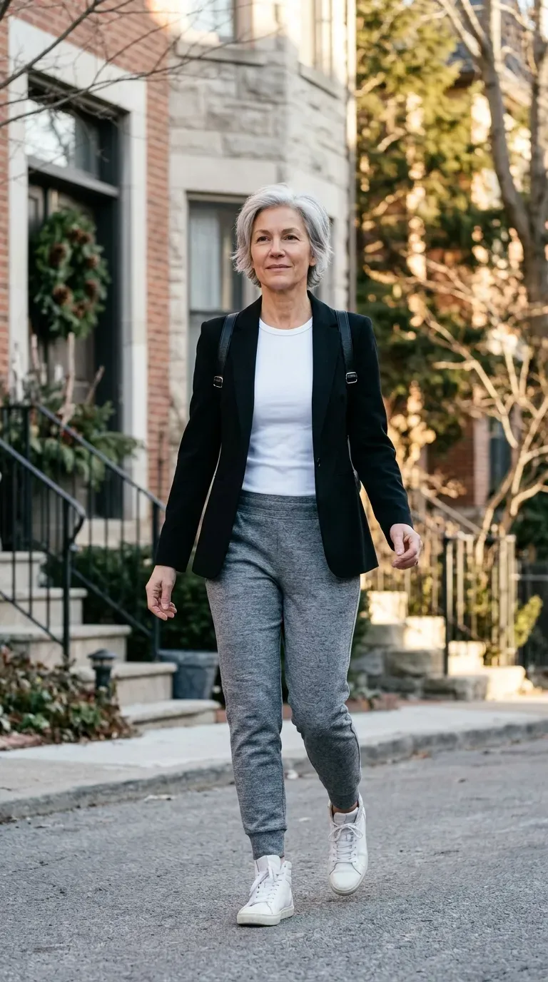 Woman over 50 in grey joggers and black blazer on a casual Christmas morning walk