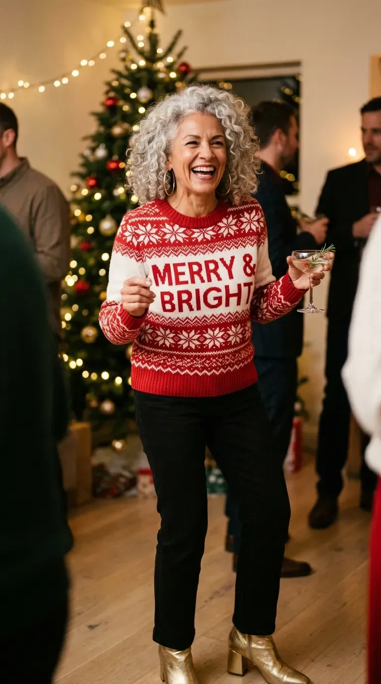 Woman over 50 in holiday slogan sweater, black jeans and gold ankle boots at a party