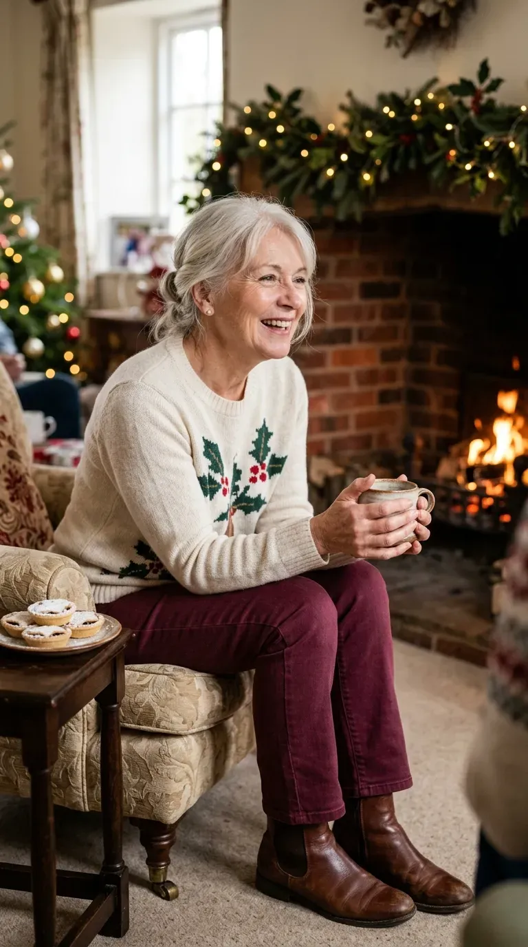 Woman over 50 in holly and berries sweater, burgundy jeans and ankle boots at a festive party