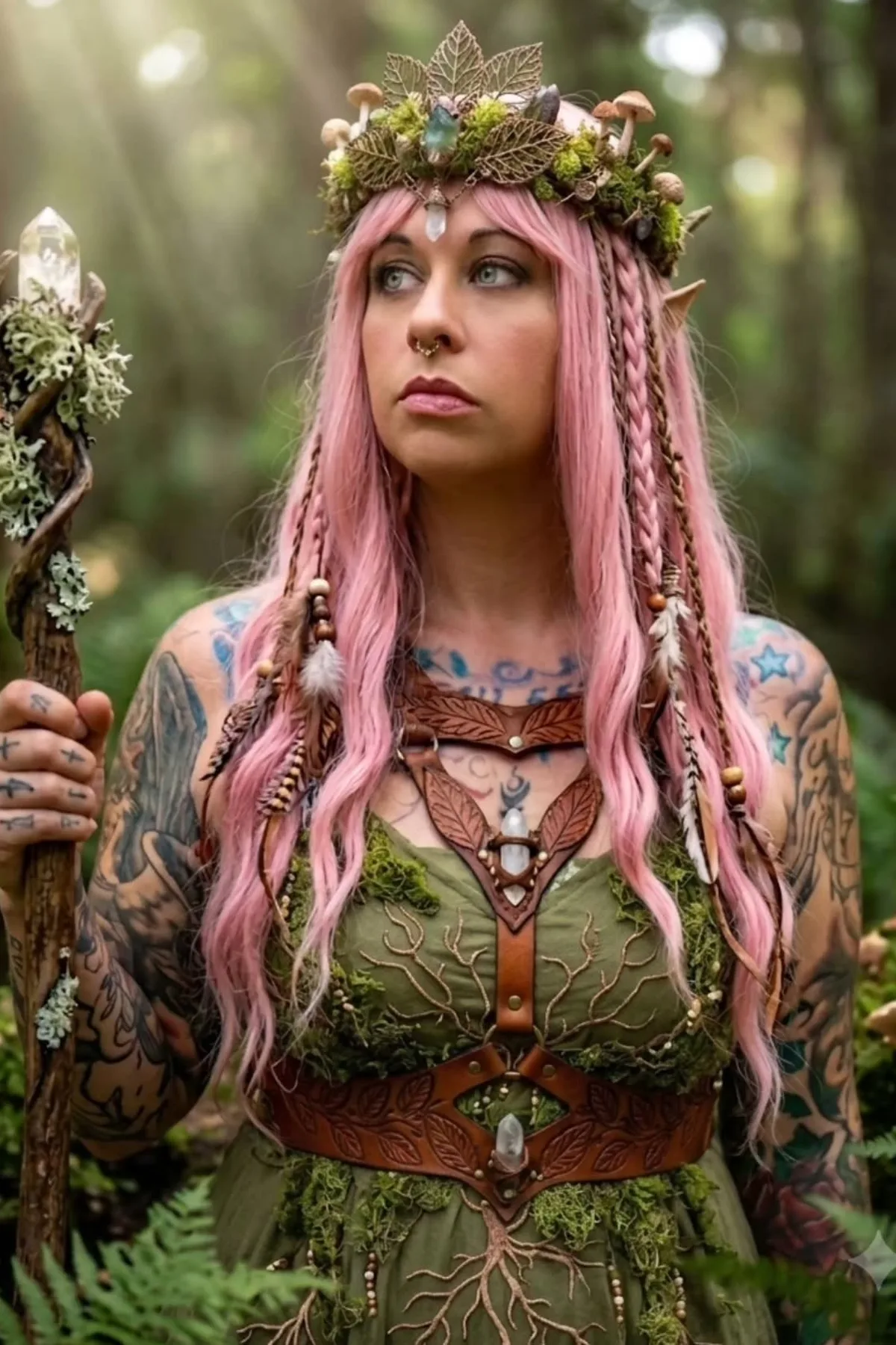 Woman in her 50s in a green velvet cloak with a moss and twig crown holding a wooden staff, a forest witch solo horror Halloween costume