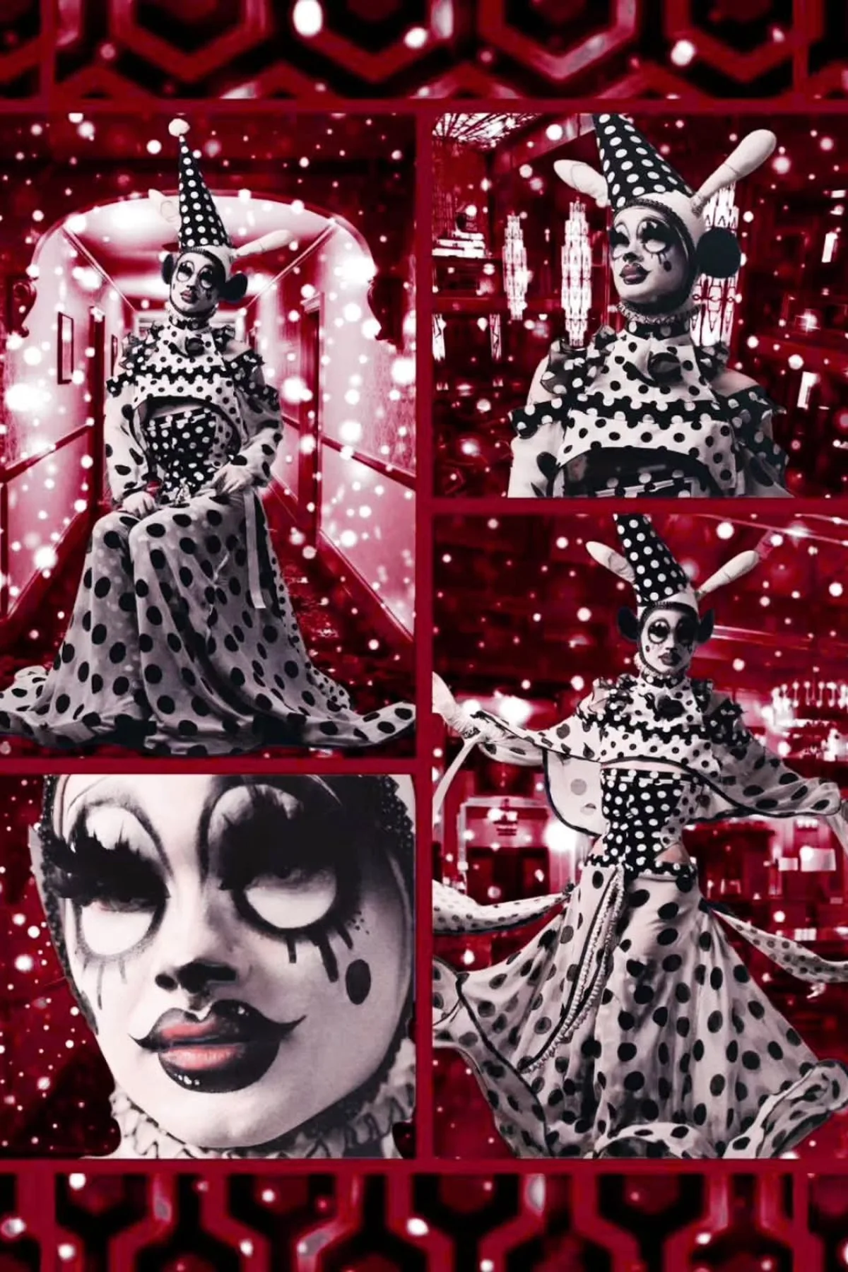 Woman in her 50s in a polka-dot dress with a ruff collar and an exaggerated clown smile holding a black balloon, a creepy clown solo horror Halloween costume