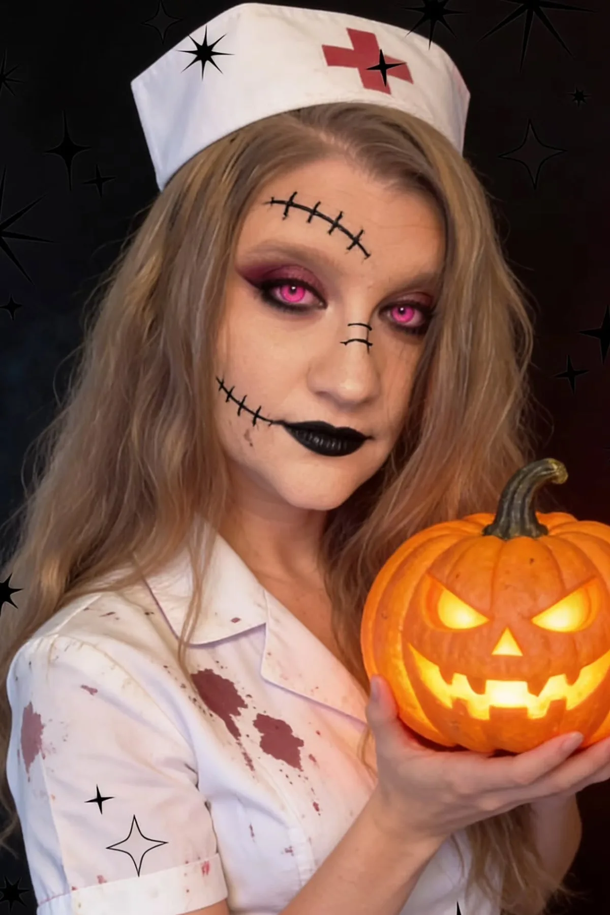 Woman in her 50s in a stained white nurse uniform with a crooked cap, a zombie nurse solo horror Halloween costume