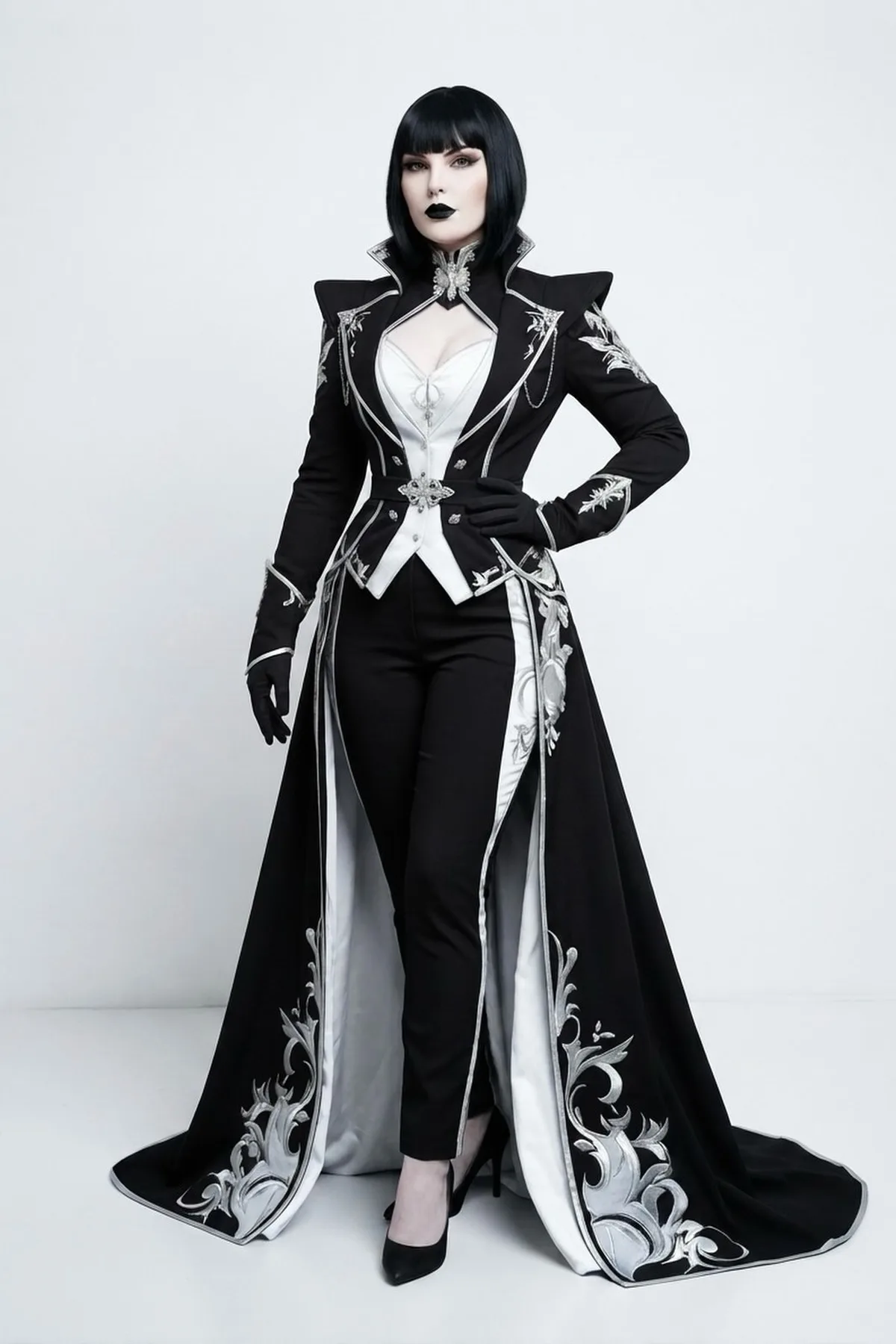 Woman in her 50s in a black tailcoat and long skirt holding old skeleton keys, a haunted manor mistress solo horror Halloween costume