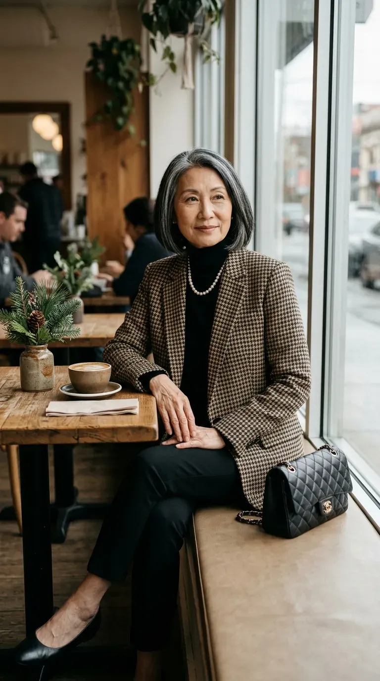 Asian woman in a houndstooth blazer, black turtleneck and slim trousers at a holiday brunch