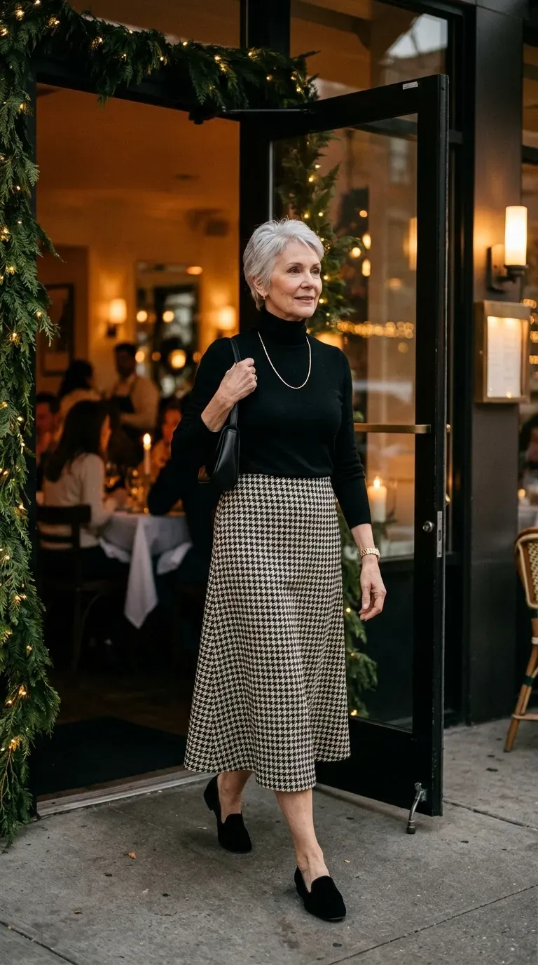 Woman over 50 in houndstooth midi skirt, black turtleneck and velvet loafers at a date dinner