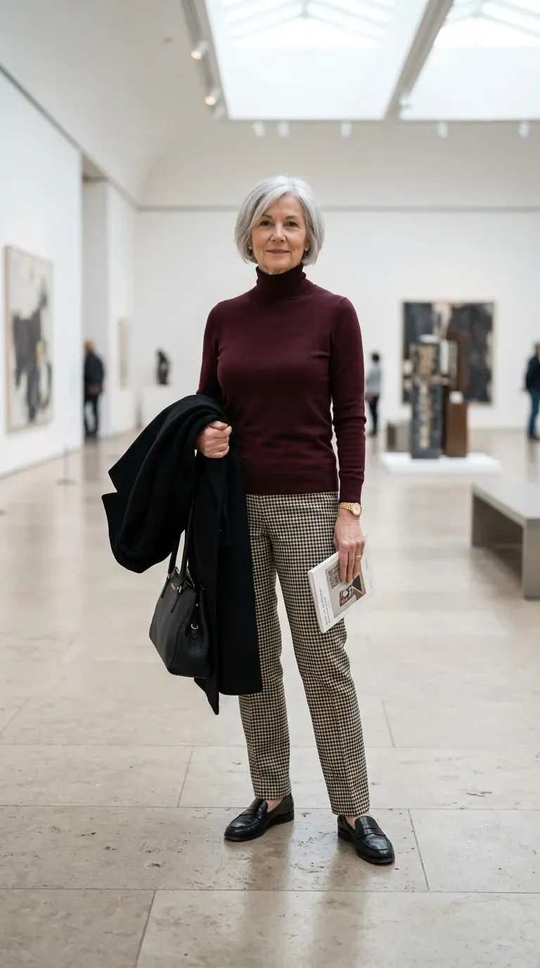 Woman over 50 in houndstooth trousers and burgundy turtleneck at an art gallery