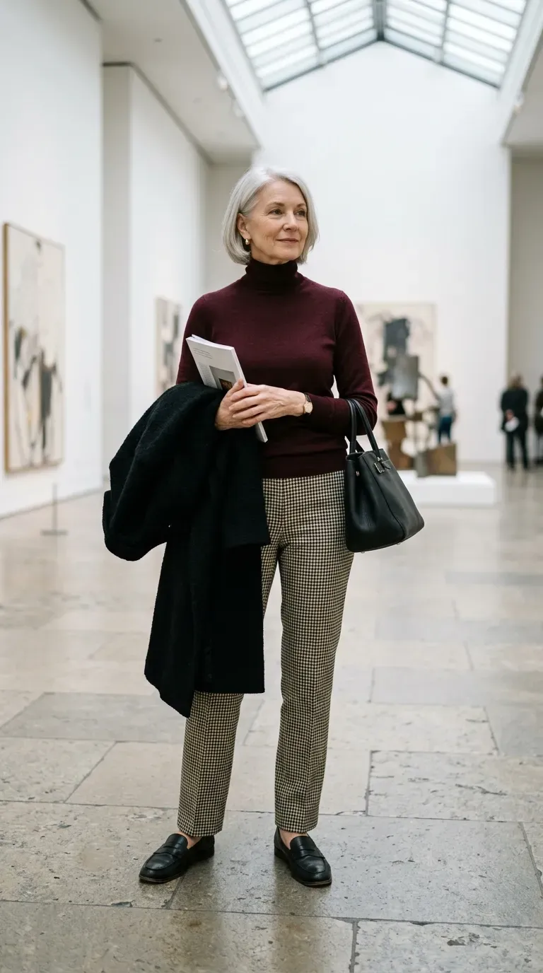 Woman over 50 in houndstooth trousers and burgundy turtleneck at an art gallery