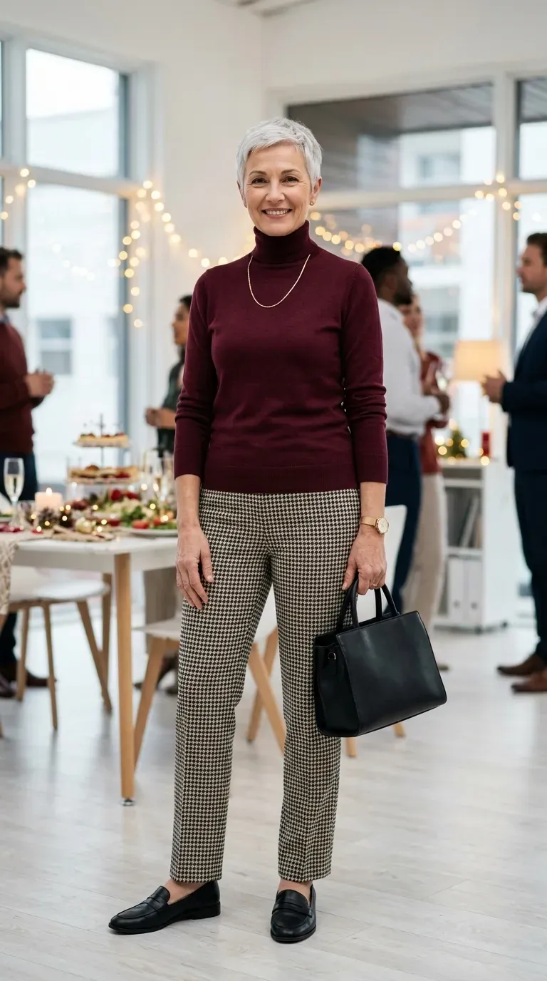 Woman over 50 in houndstooth trousers, burgundy turtleneck and loafers at an office celebration