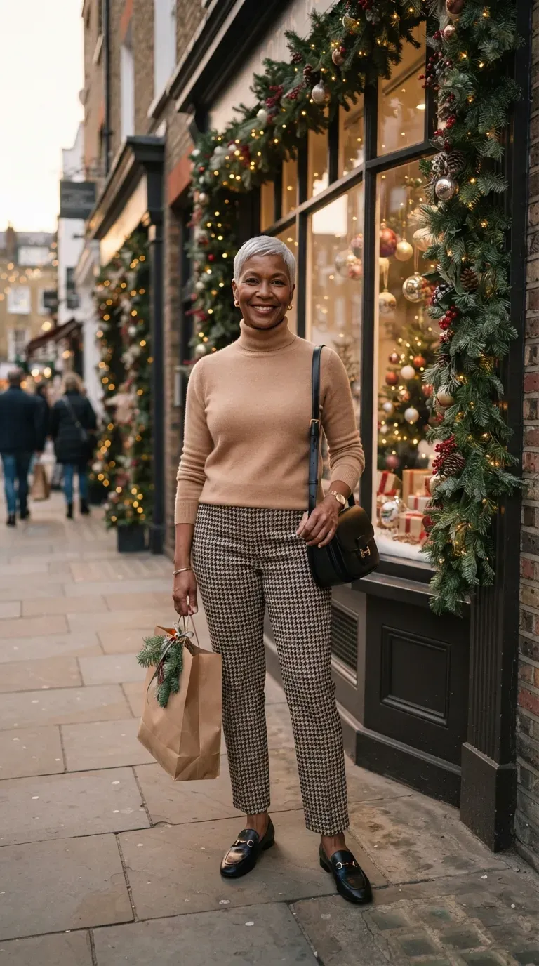 Woman over 50 in houndstooth trousers and a camel turtleneck at a decorated holiday storefront