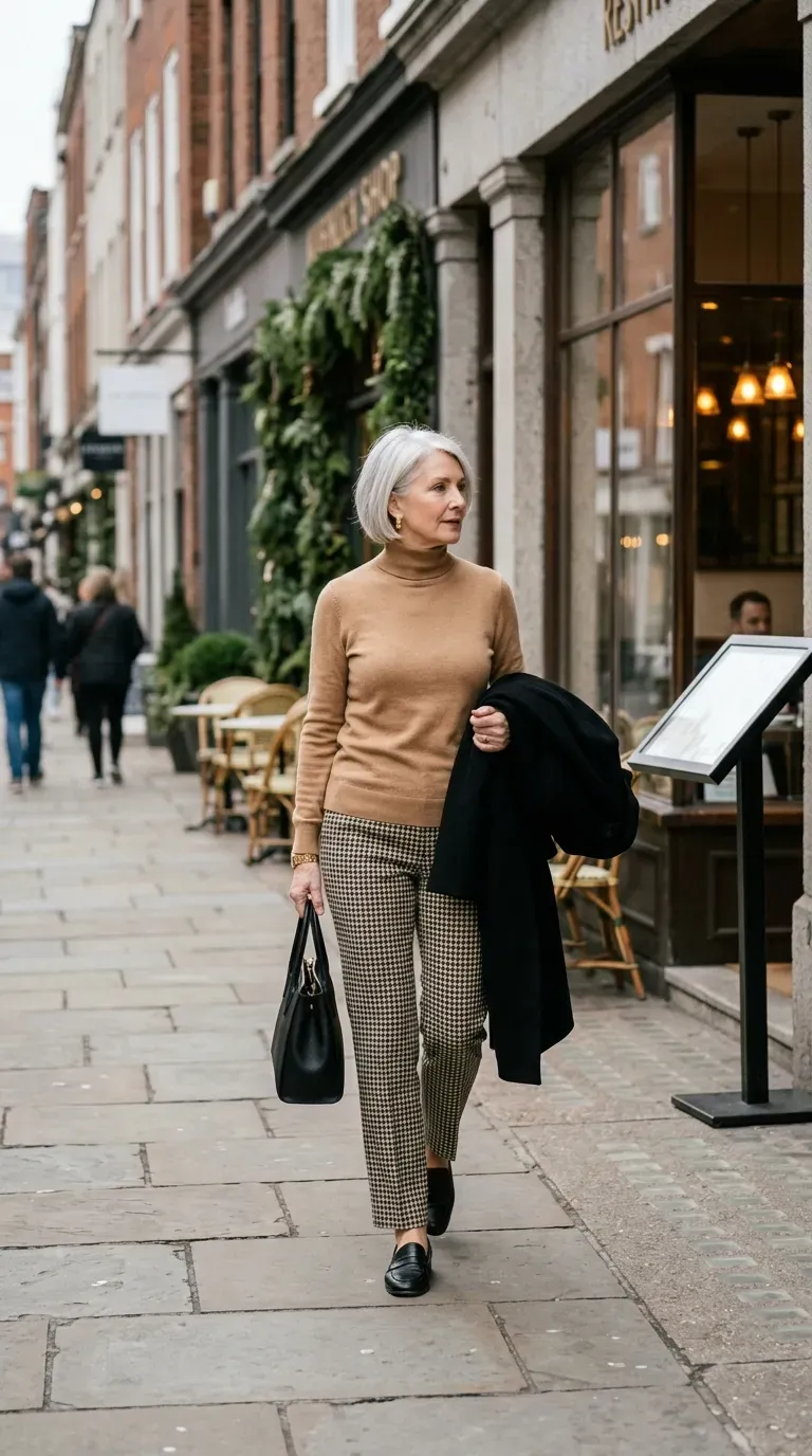 Woman over 50 in houndstooth trousers and camel turtleneck at a gallery lunch