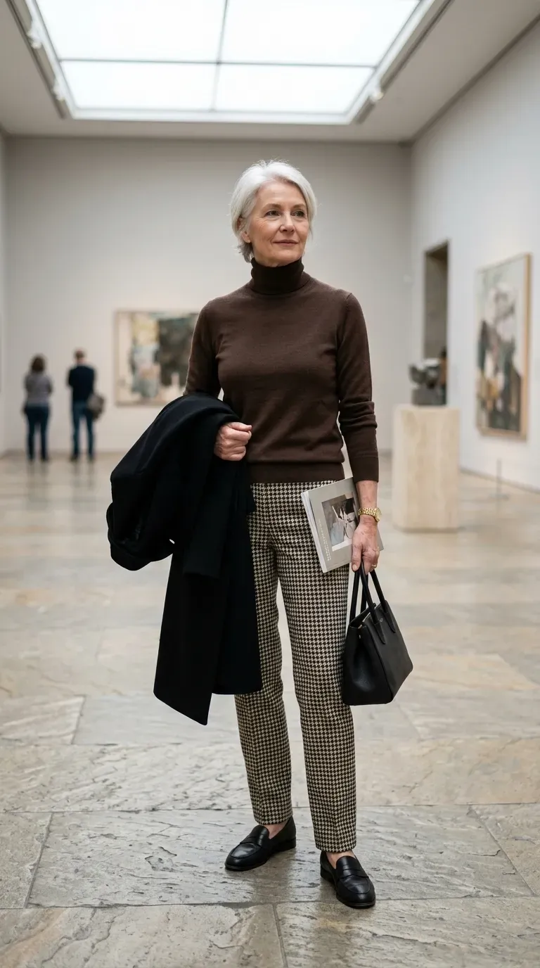Woman over 50 in houndstooth trousers and chocolate turtleneck at an art gallery