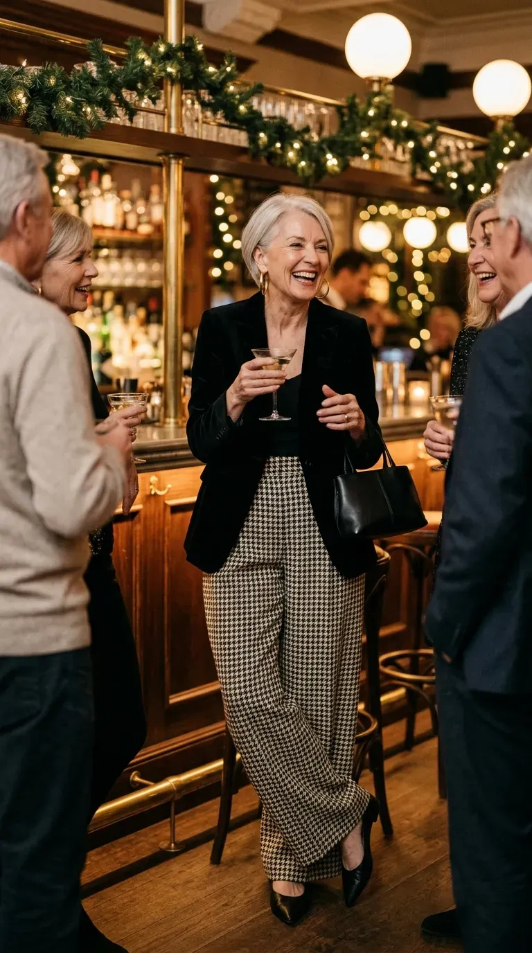 Woman over 50 in houndstooth wide-leg trousers, black velvet blazer and gold earrings at a bar