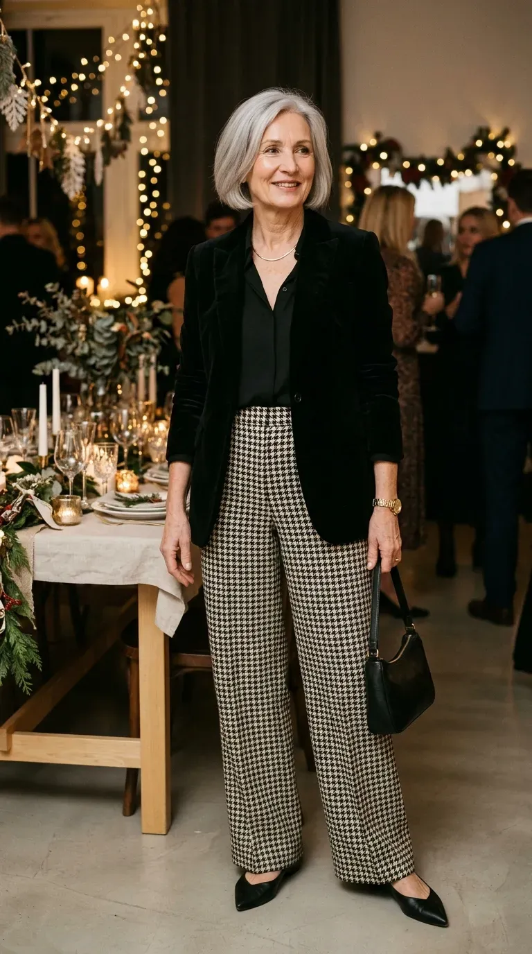 Woman over 50 in houndstooth wide-leg trousers, black velvet blazer and pointed flats at a party